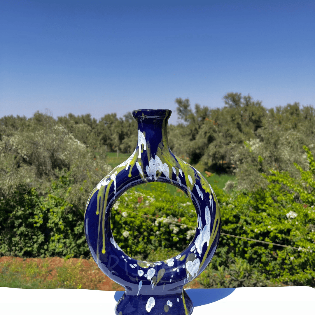 Vase Rond Bleu Design – Artisanat Marocain