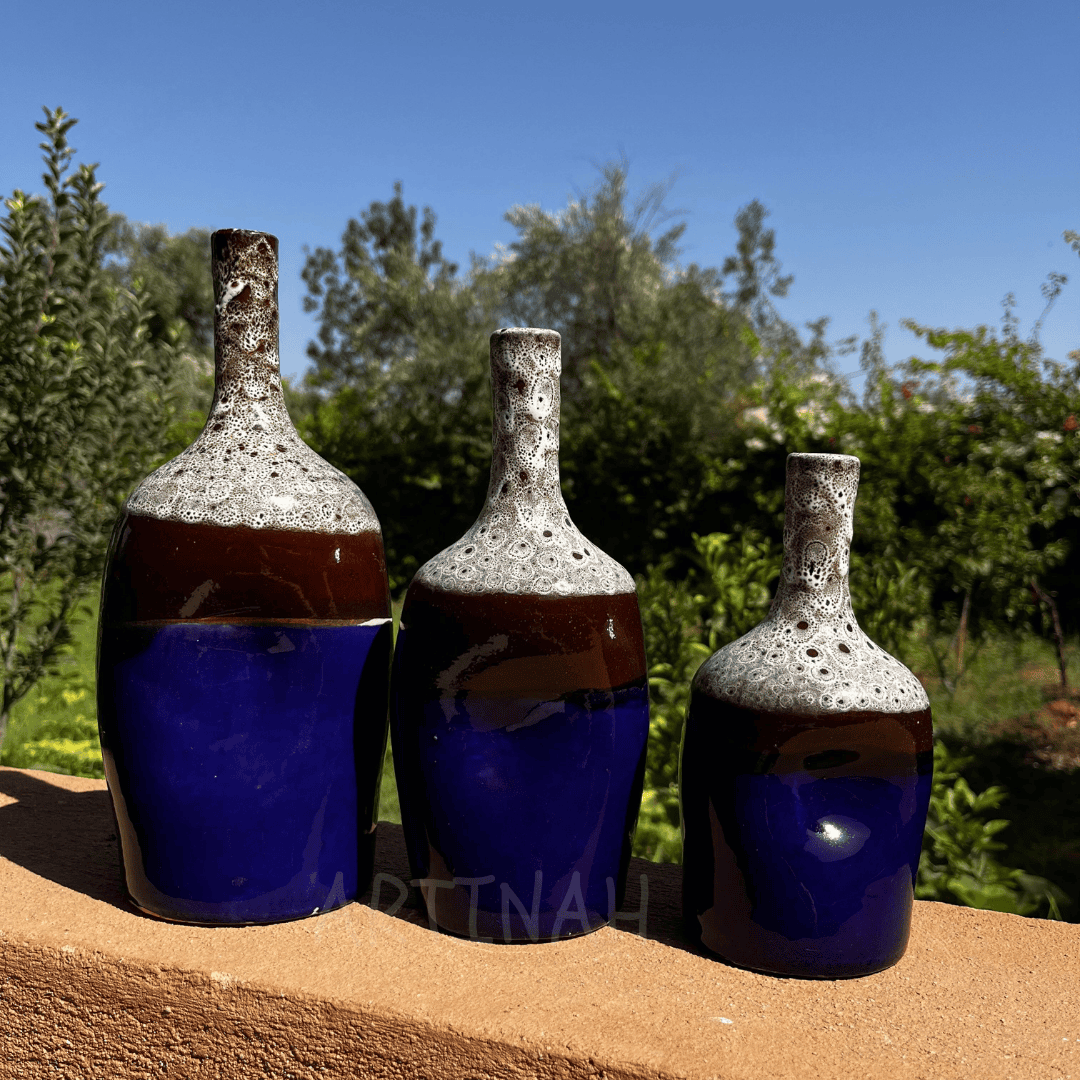 Set of 3 Decorative Ceramic Bottles – Blue & Brown Handmade Moroccan Design