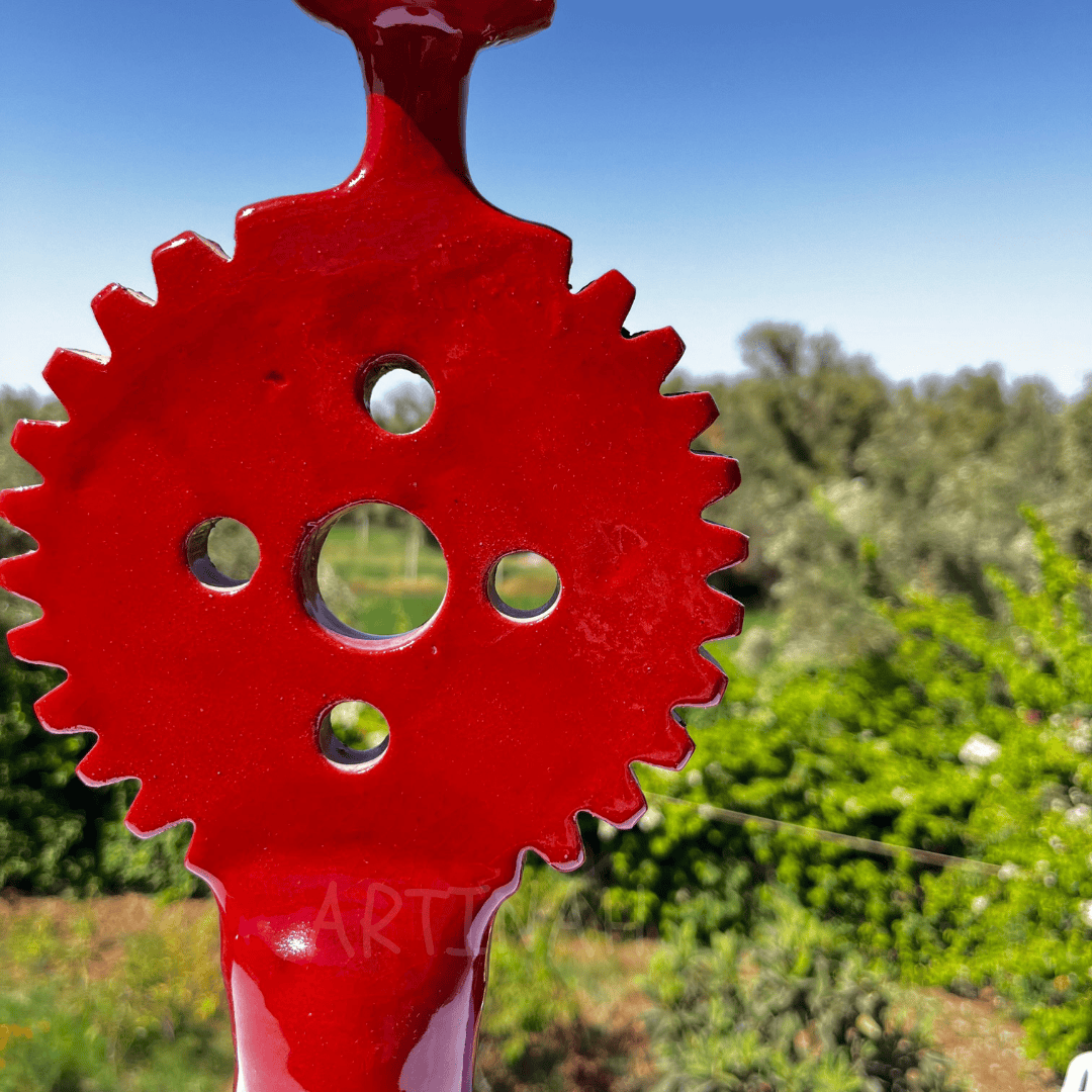Handcrafted Red Ceramic Sculpture Gear Design