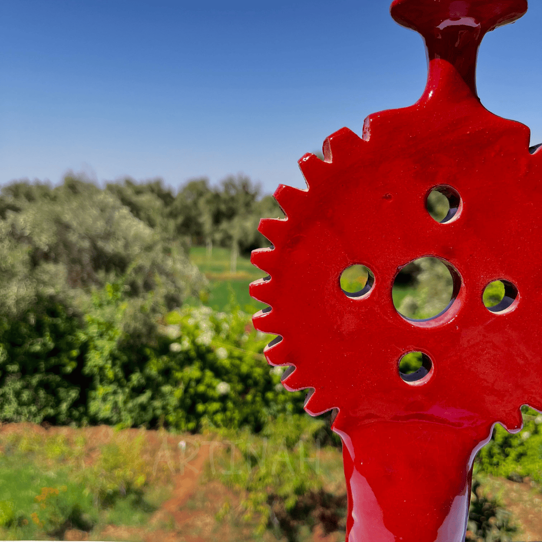 Handcrafted Red Ceramic Sculpture Gear Design