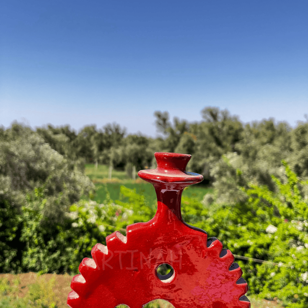 Handcrafted Red Ceramic Sculpture Gear Design