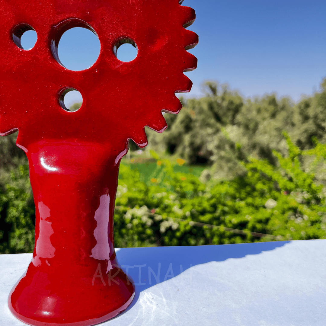 Handcrafted Red Ceramic Sculpture Gear Design