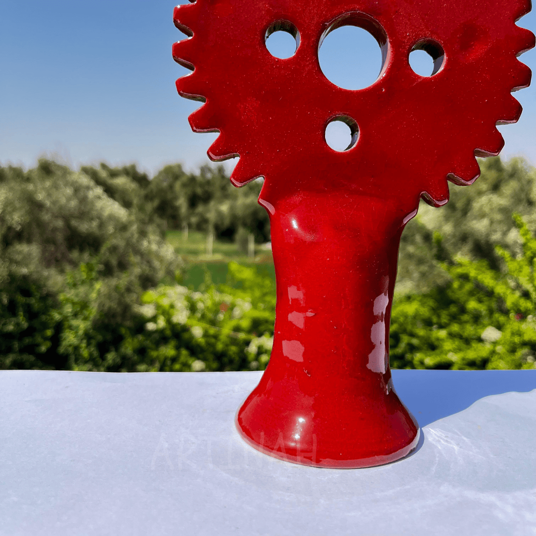 Handcrafted Red Ceramic Sculpture Gear Design