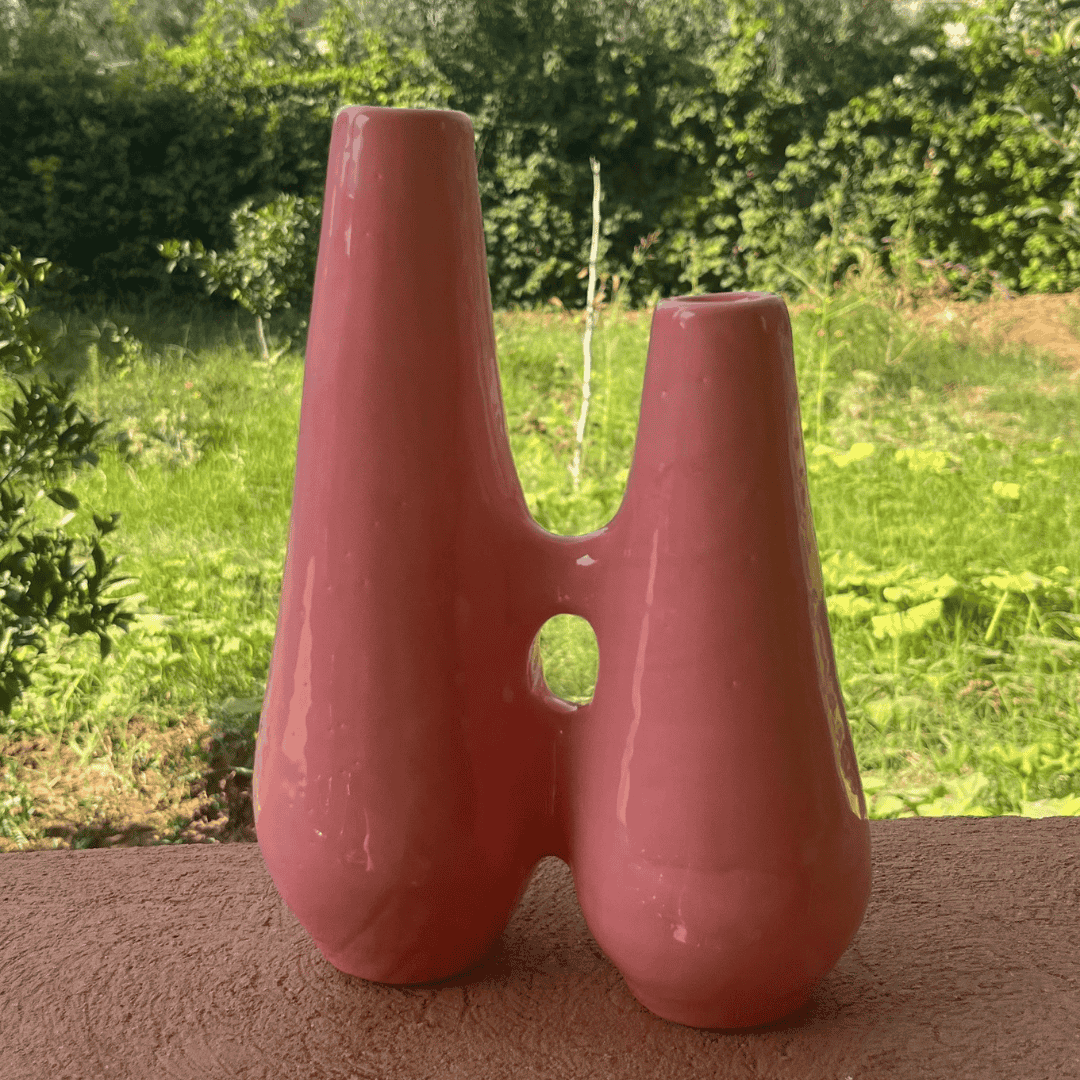 Vase décoratif moderne en céramique rose – Design double col