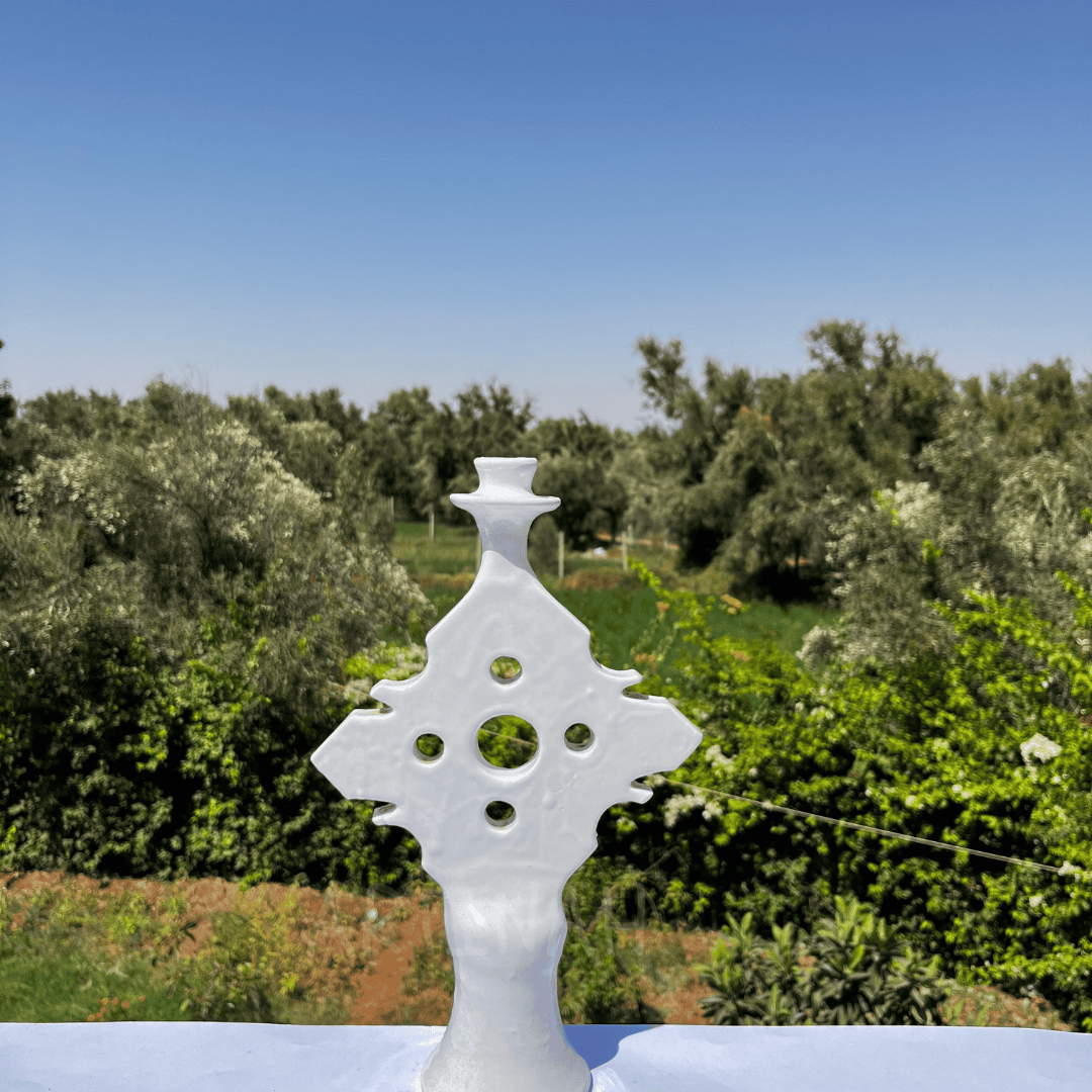 Handcrafted White Ceramic Sculpture with Geometric Cut-Out Design