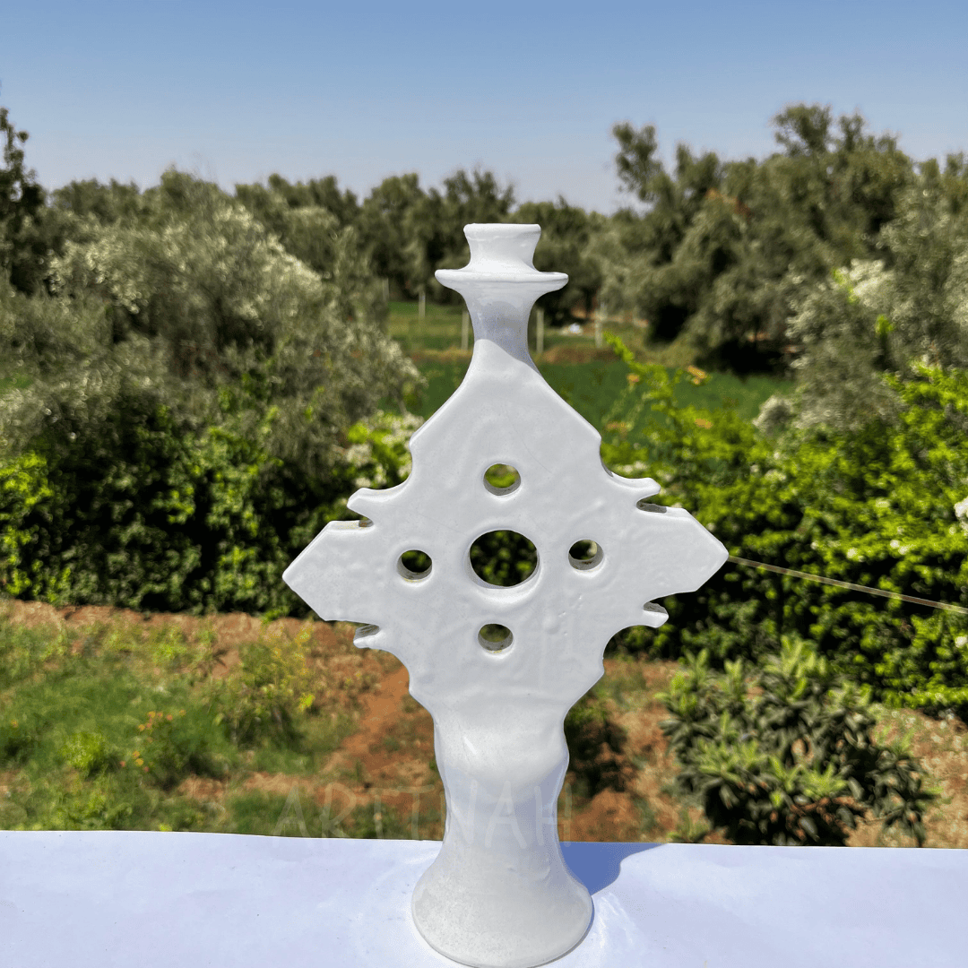 Handcrafted White Ceramic Sculpture with Geometric Cut-Out Design