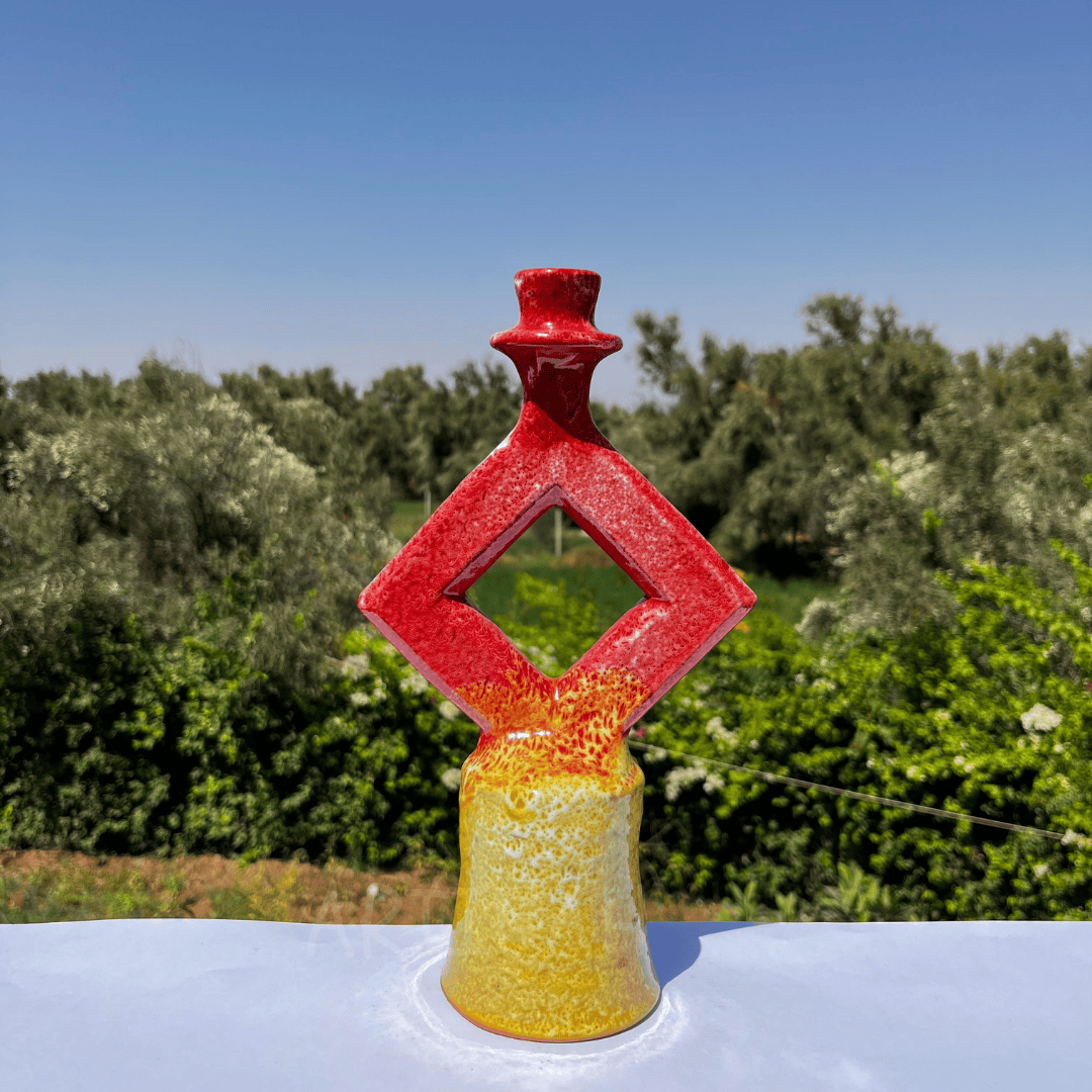 Handcrafted Red & Yellow Ceramic Sculpture with Diamond Cut-Out Design