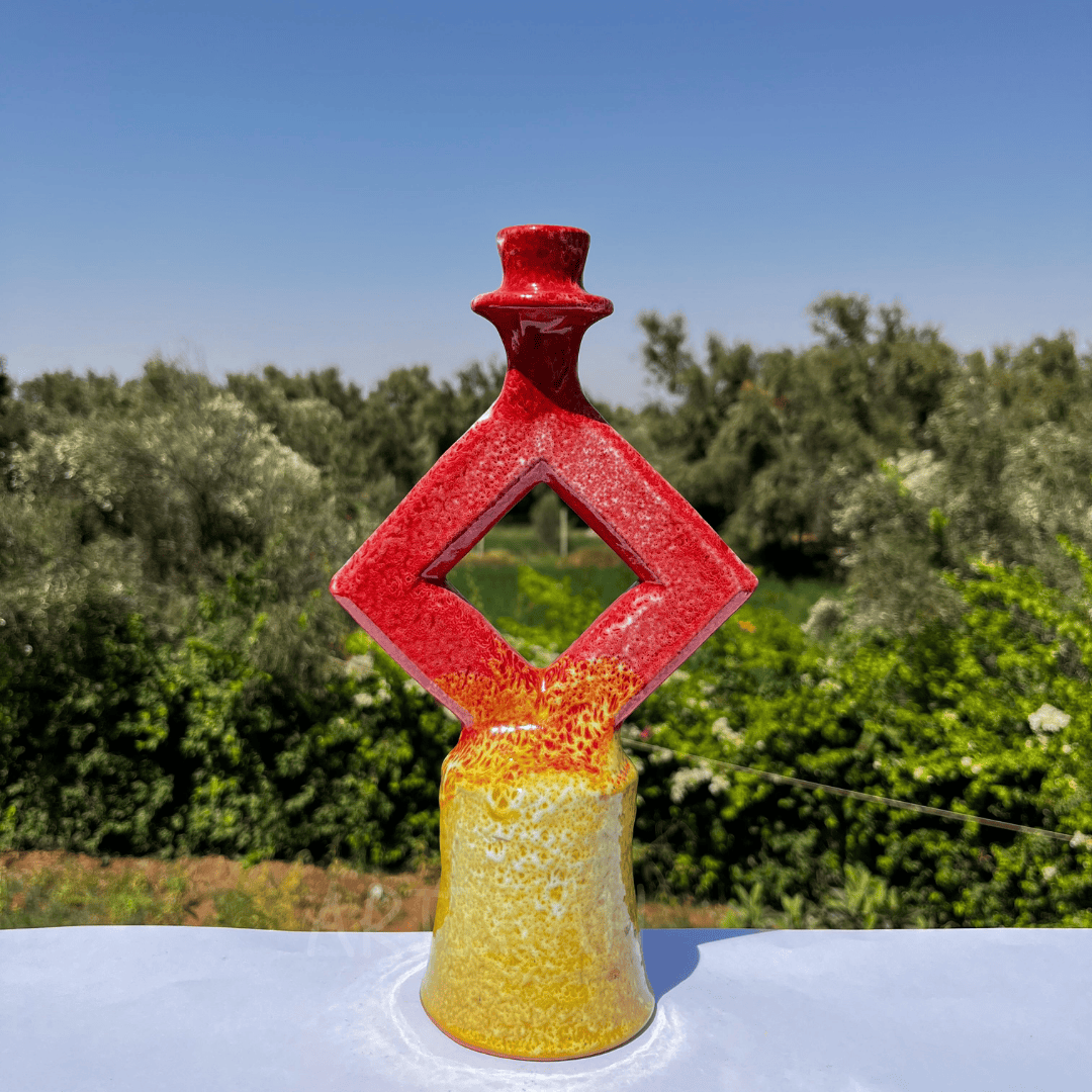 Handcrafted Red & Yellow Ceramic Sculpture with Diamond Cut-Out Design