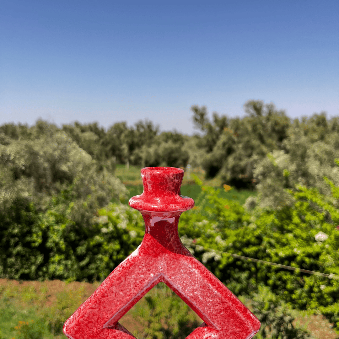 Handcrafted Red & Yellow Ceramic Sculpture with Diamond Cut-Out Design