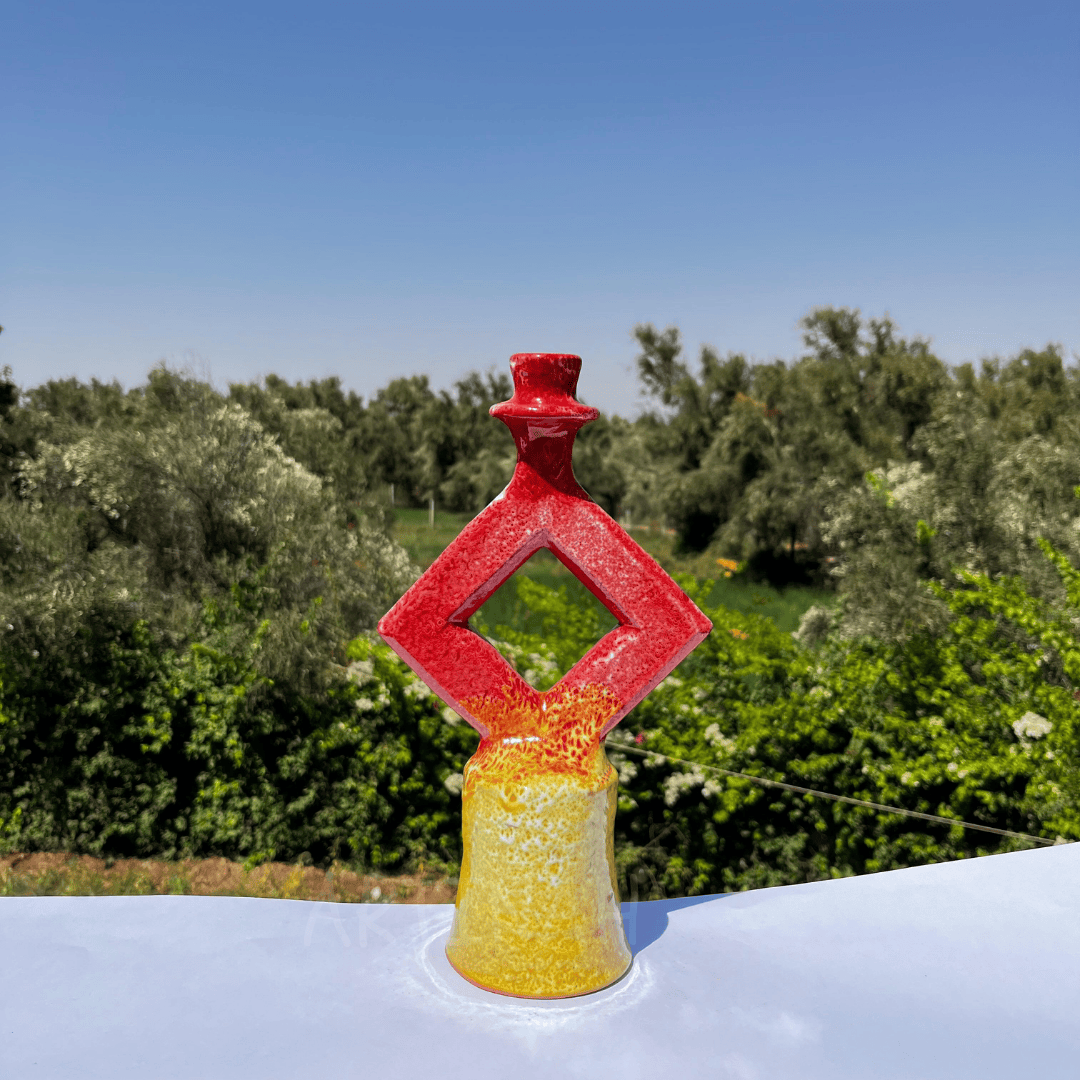 Handcrafted Red & Yellow Ceramic Sculpture with Diamond Cut-Out Design