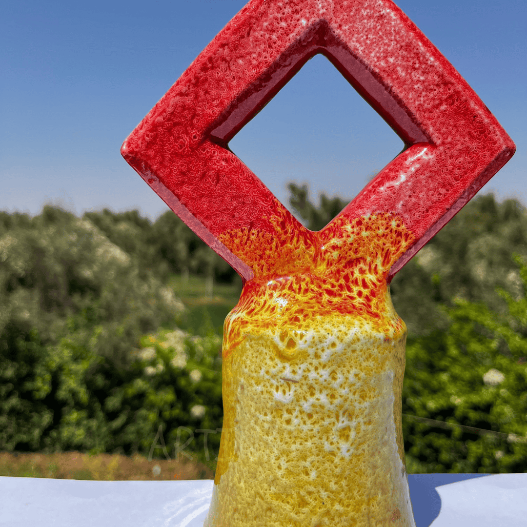 Handcrafted Red & Yellow Ceramic Sculpture with Diamond Cut-Out Design
