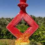 Handcrafted Red & Yellow Ceramic Sculpture with Diamond Cut-Out Design