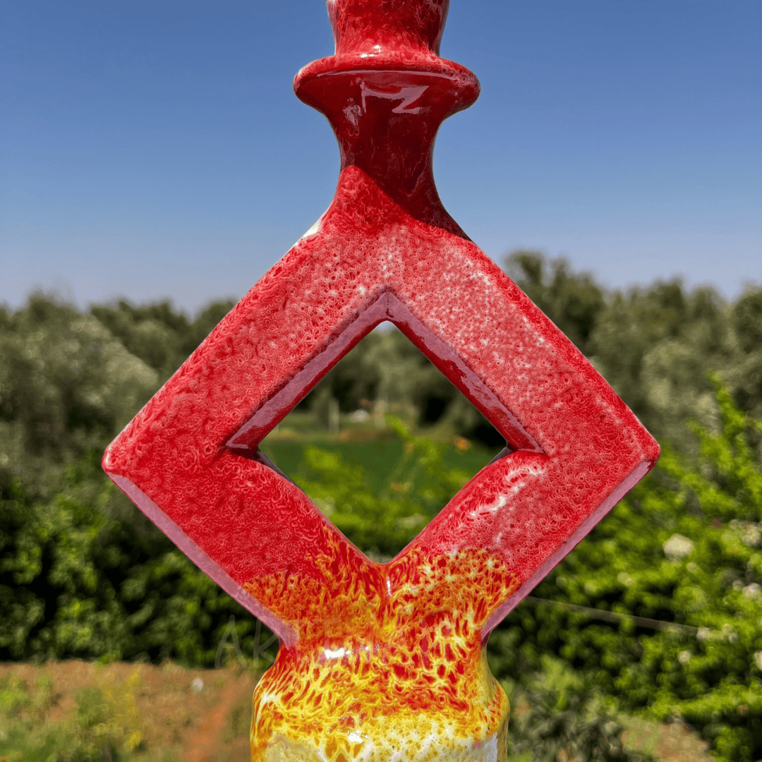 Handcrafted Red & Yellow Ceramic Sculpture with Diamond Cut-Out Design