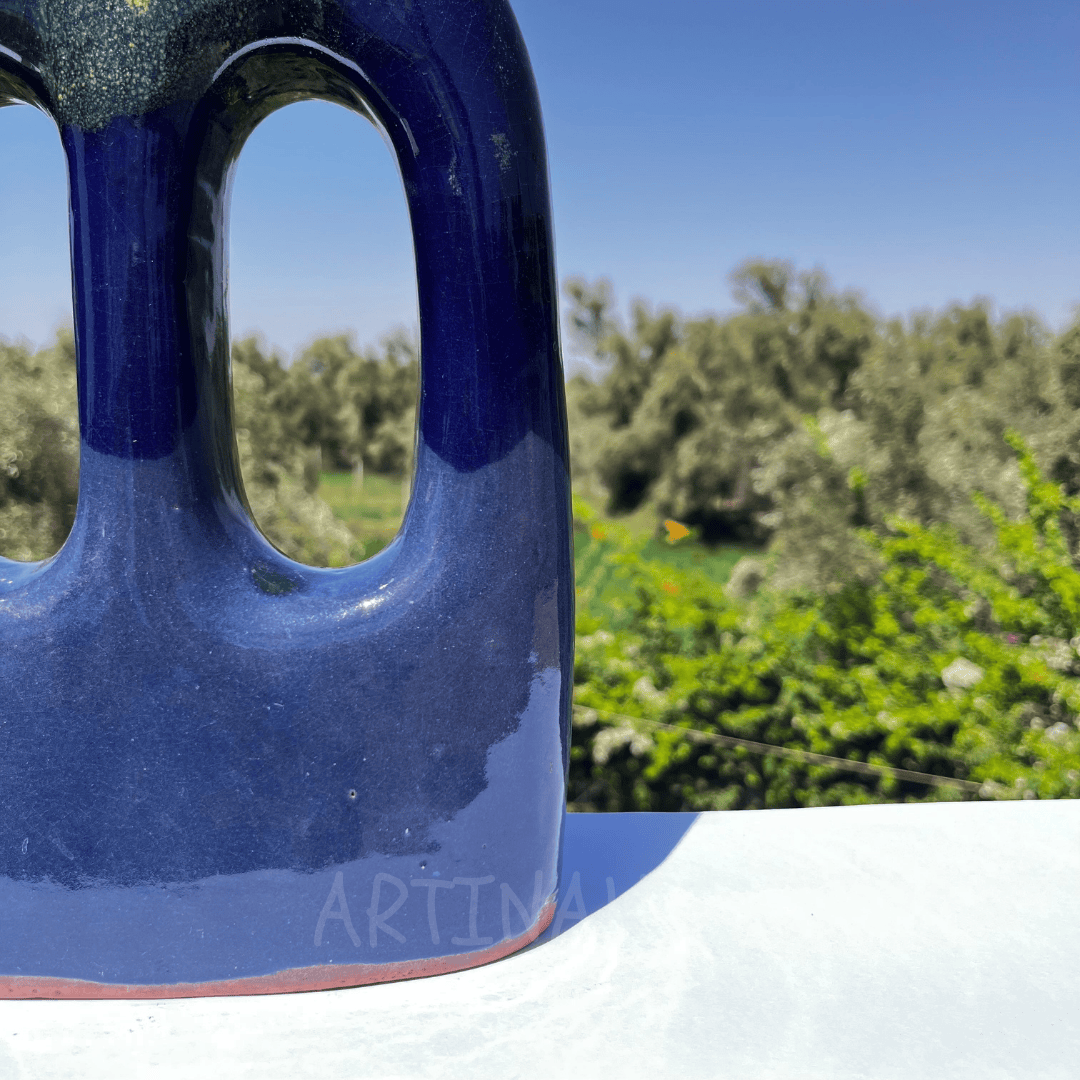 Handcrafted Midnight Blue Ceramic Vase with Double Cut-Out Design