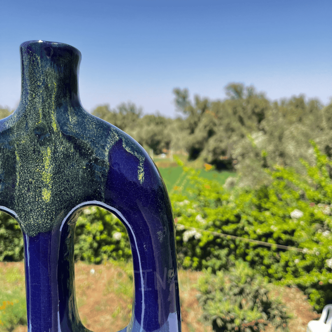 Handcrafted Midnight Blue Ceramic Vase with Double Cut-Out Design