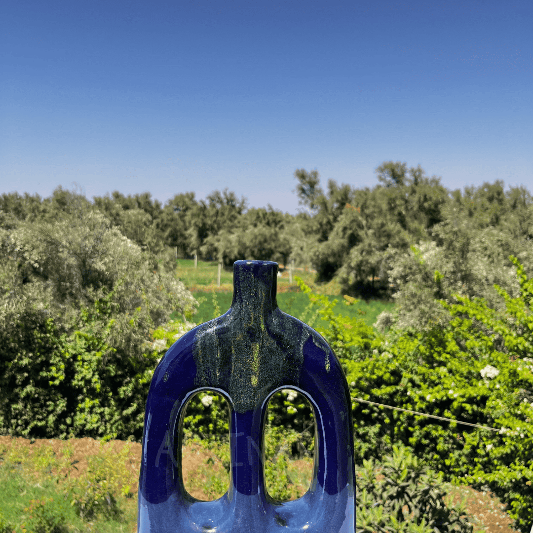 Handcrafted Midnight Blue Ceramic Vase with Double Cut-Out Design