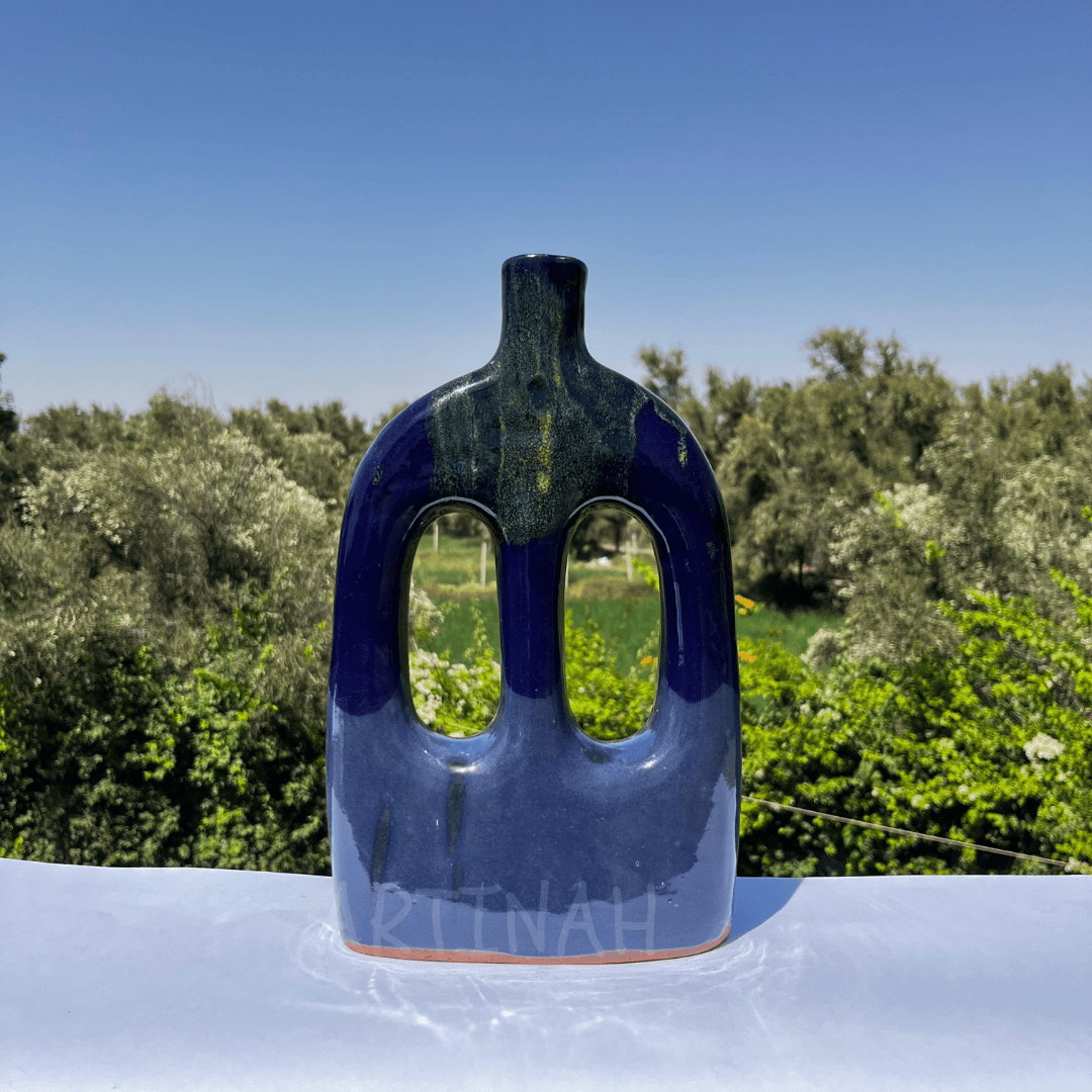 Handcrafted Midnight Blue Ceramic Vase with Double Cut-Out Design
