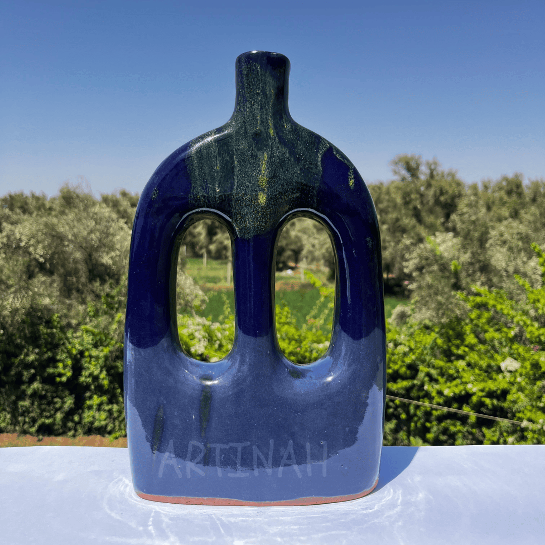 Handcrafted Midnight Blue Ceramic Vase with Double Cut-Out Design