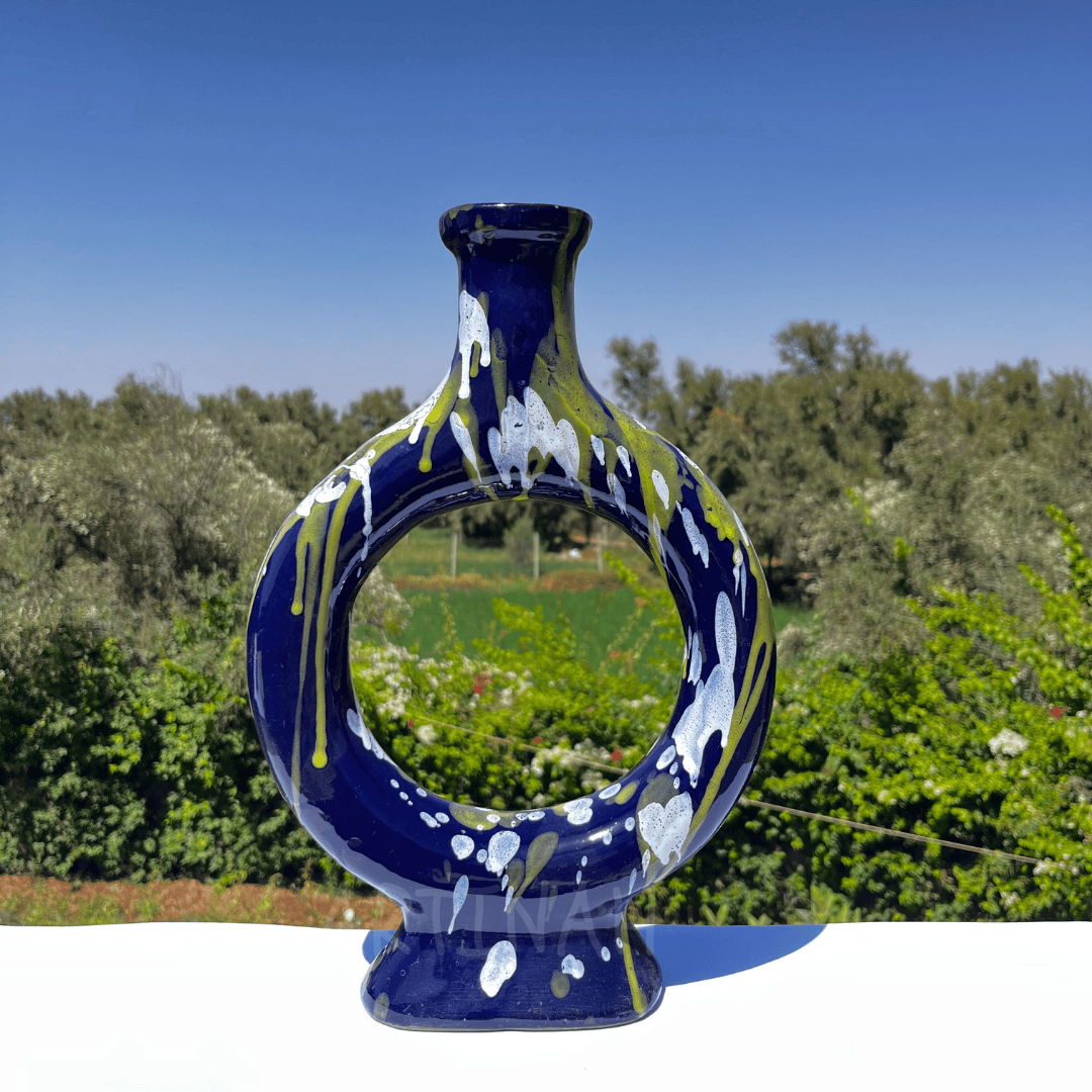 Handcrafted Midnight Blue Ceramic Vase with Splash Design