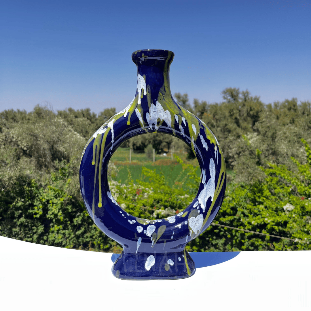 Handcrafted Midnight Blue Ceramic Vase with Splash Design