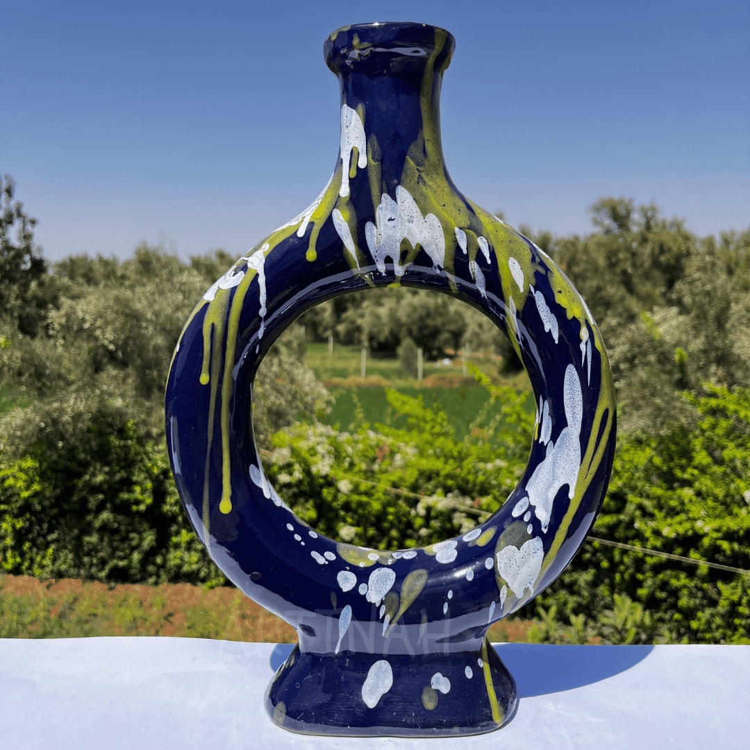 Handcrafted Midnight Blue Ceramic Vase with Splash Design