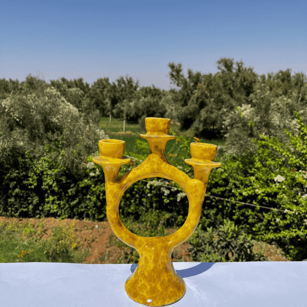 Handcrafted Yellow Ceramic Candle Holder with Open Circular Design