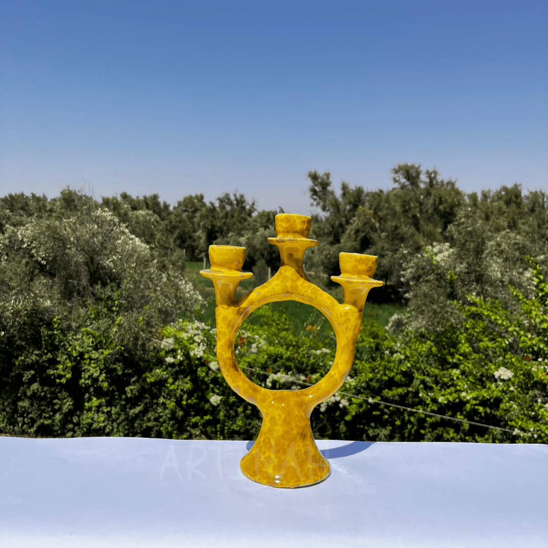 Handcrafted Yellow Ceramic Candle Holder with Open Circular Design