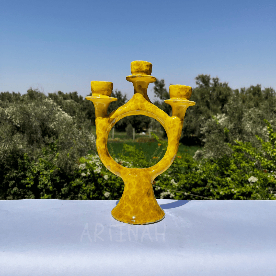 Handcrafted Yellow Ceramic Candle Holder with Open Circular Design