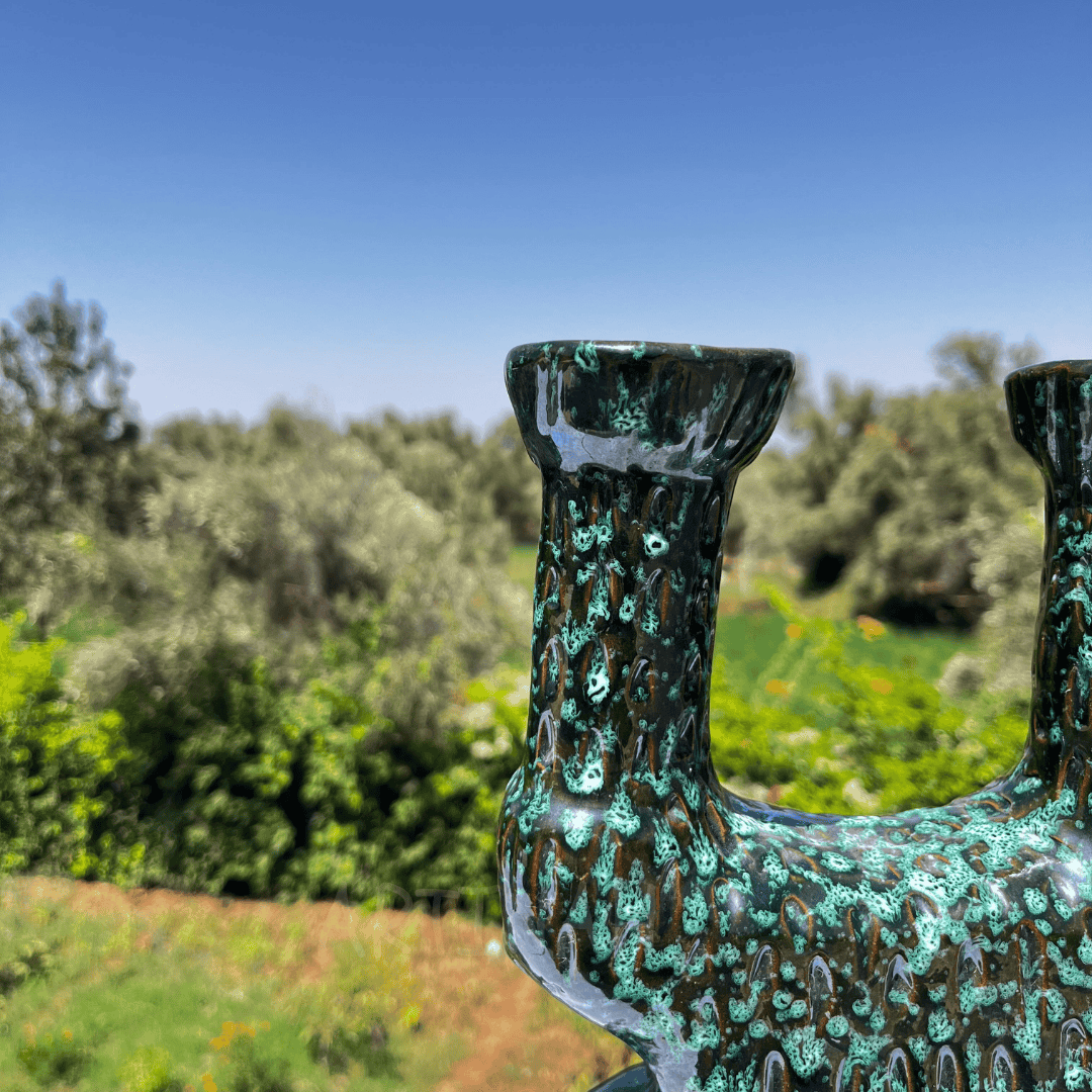 Ceramic Double-Arm Candle Holder – Green & Black Artistic Glaze