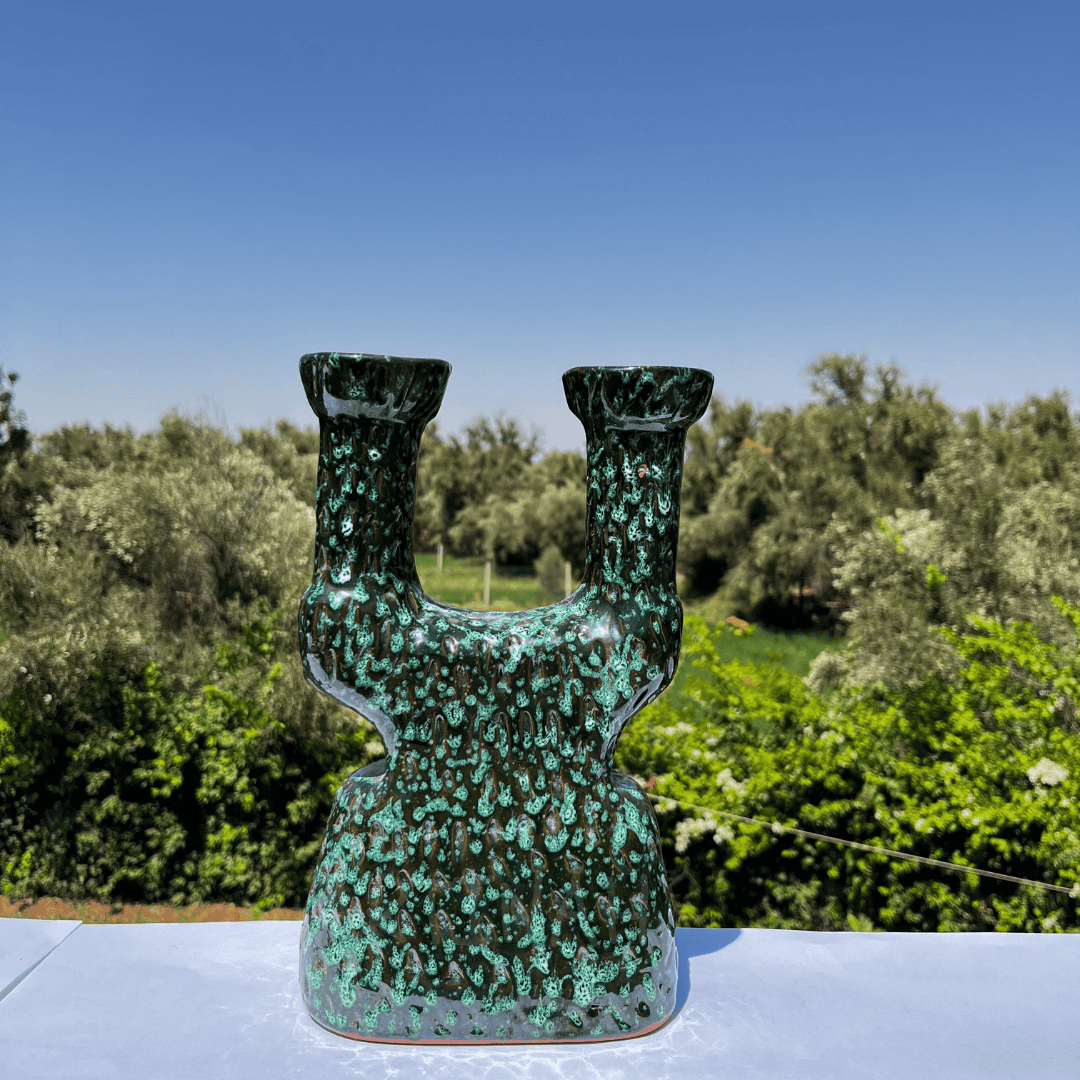 Ceramic Double-Arm Candle Holder – Green & Black Artistic Glaze