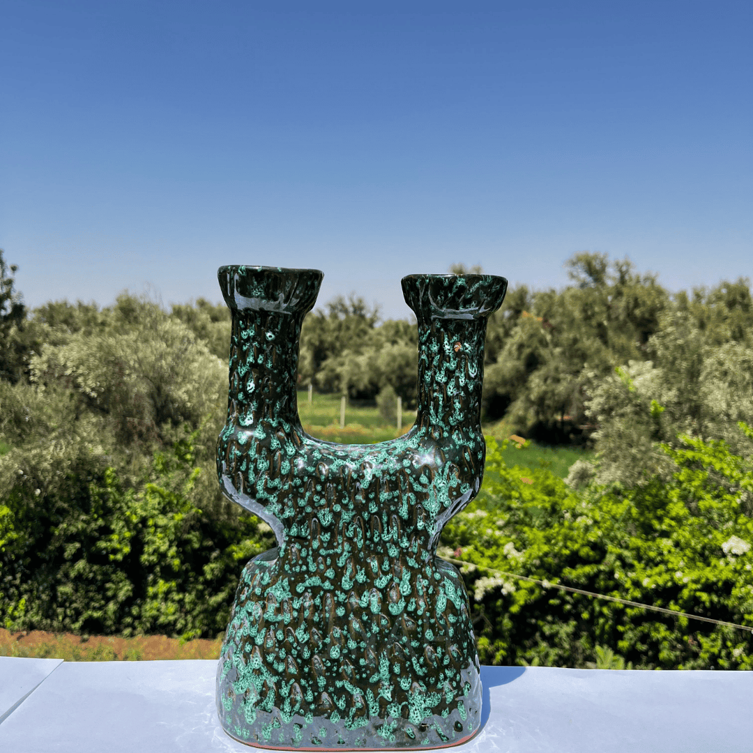 Ceramic Double-Arm Candle Holder – Green & Black Artistic Glaze