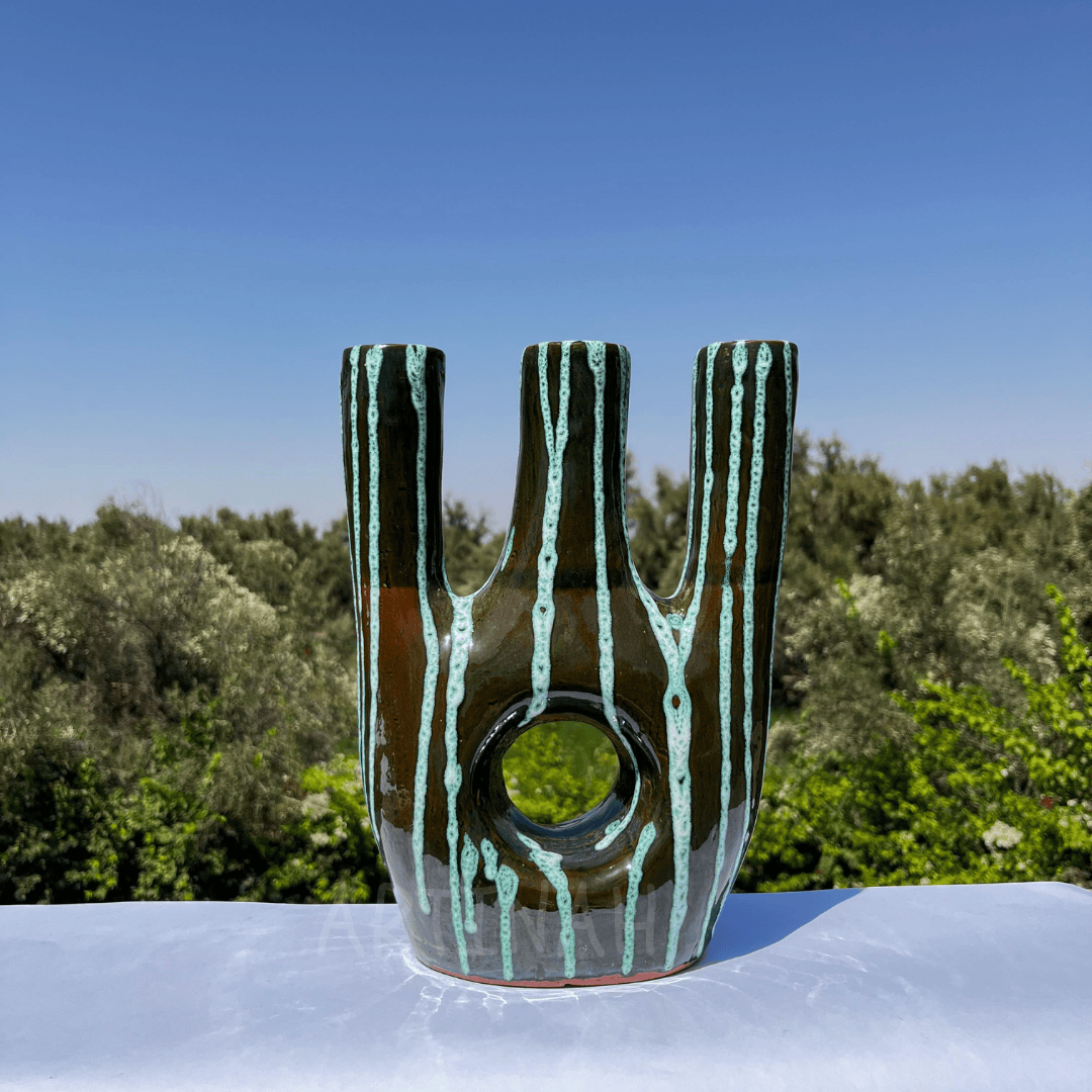 Ceramic Triple-Arm Candle Holder – Black & Green Drip Glaze