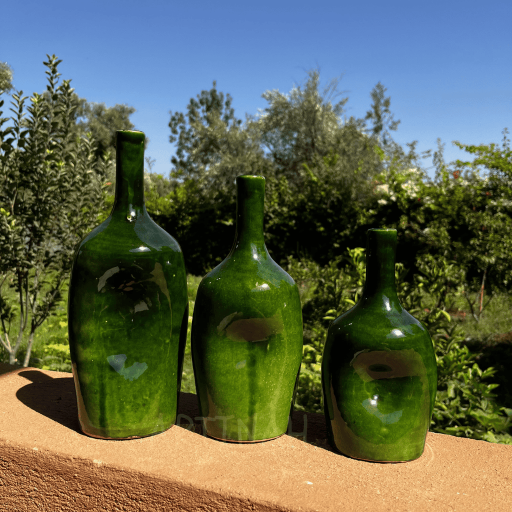 Set of 3 Decorative Green Ceramic Bottles – Handcrafted Moroccan Design