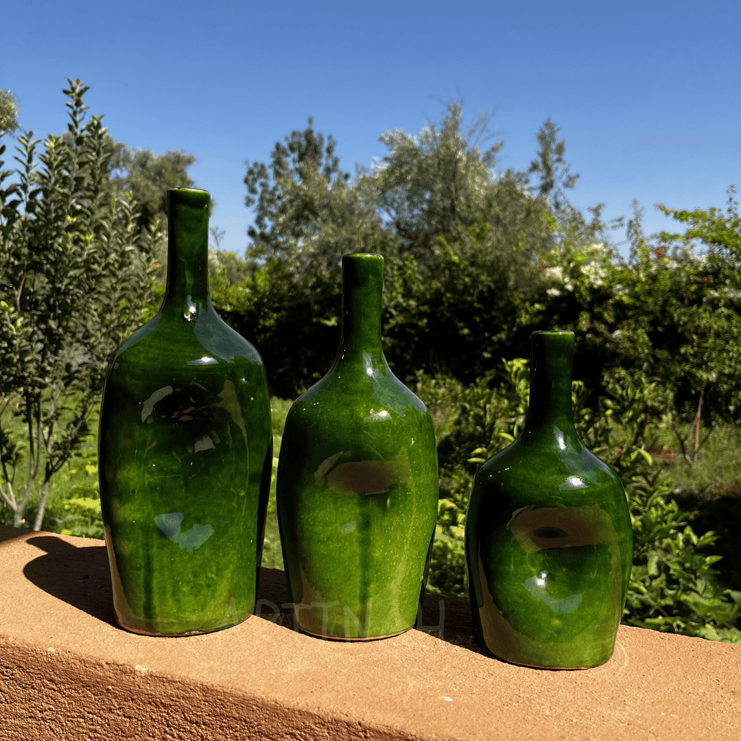 Set of 3 Decorative Green Ceramic Bottles – Handcrafted Moroccan Design