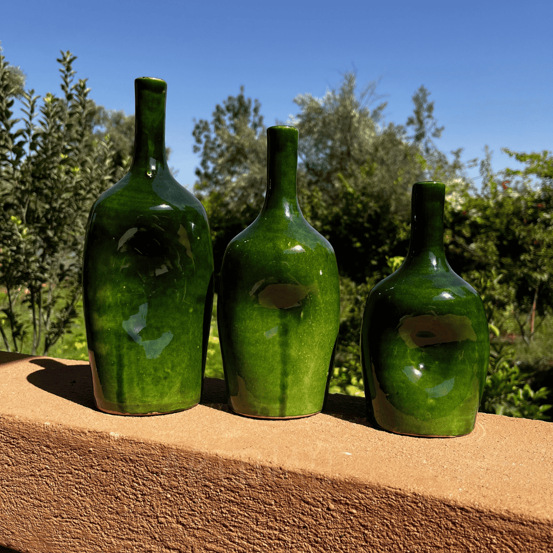 Set of 3 Decorative Green Ceramic Bottles – Handcrafted Moroccan Design