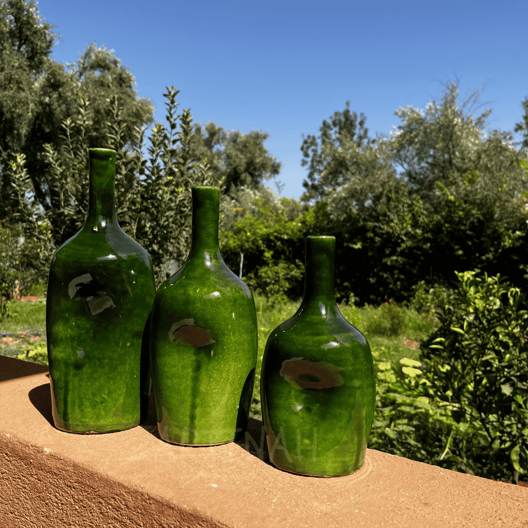 Set of 3 Decorative Green Ceramic Bottles – Handcrafted Moroccan Design