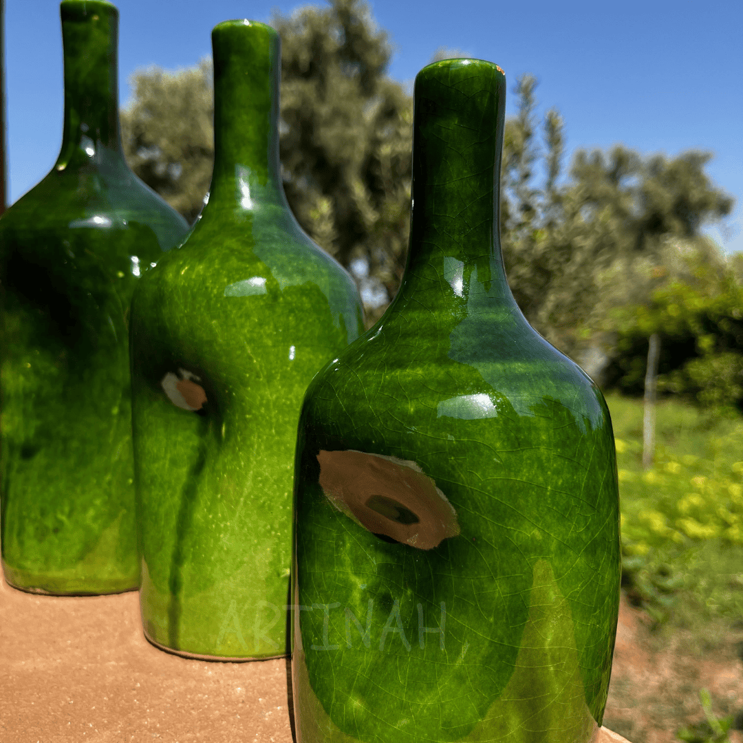 Set of 3 Decorative Green Ceramic Bottles – Handcrafted Moroccan Design