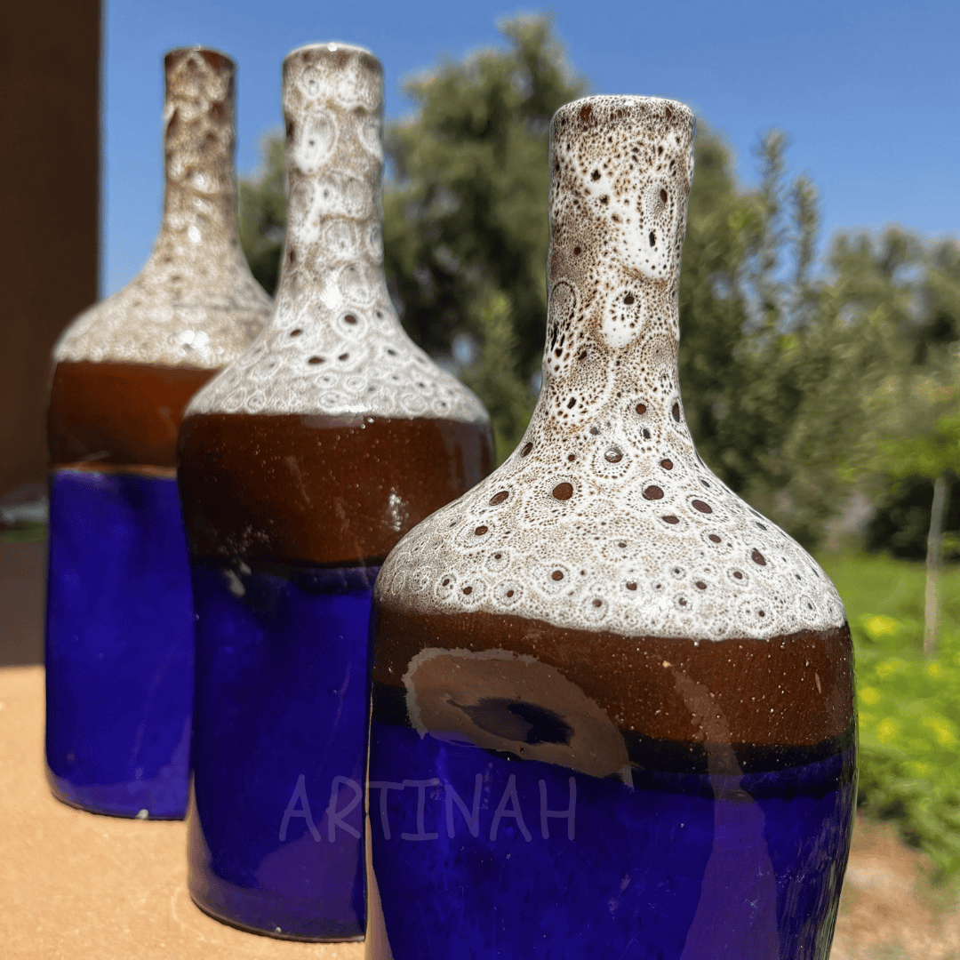 Set of 3 Decorative Ceramic Bottles – Blue & Brown Handmade Moroccan Design