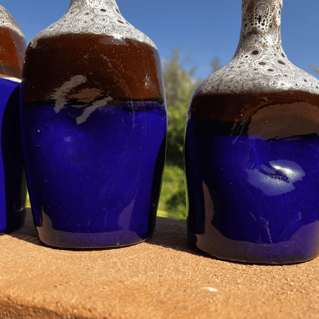 Set of 3 Decorative Ceramic Bottles – Blue & Brown Handmade Moroccan Design