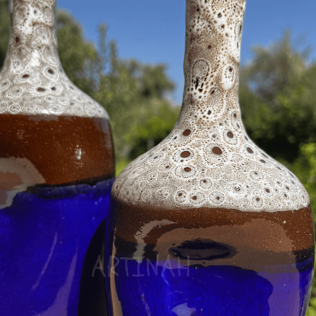 Set of 3 Decorative Ceramic Bottles – Blue & Brown Handmade Moroccan Design
