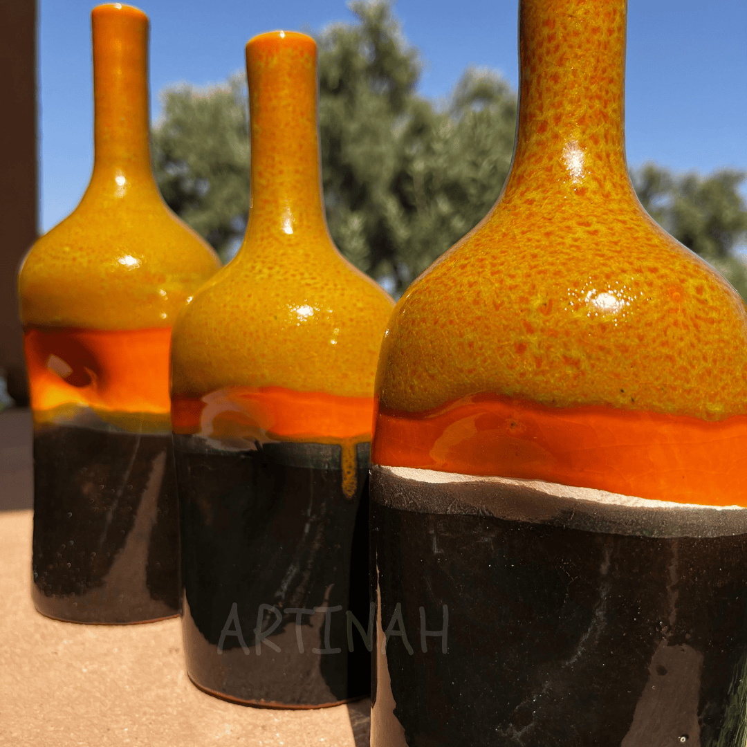 Set of 3 Decorative Ceramic Bottles – Brown, Orange & Black Handmade Moroccan Design