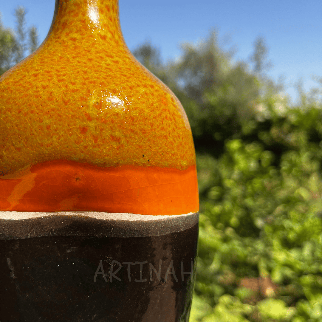 Set of 3 Decorative Ceramic Bottles – Brown, Orange & Black Handmade Moroccan Design