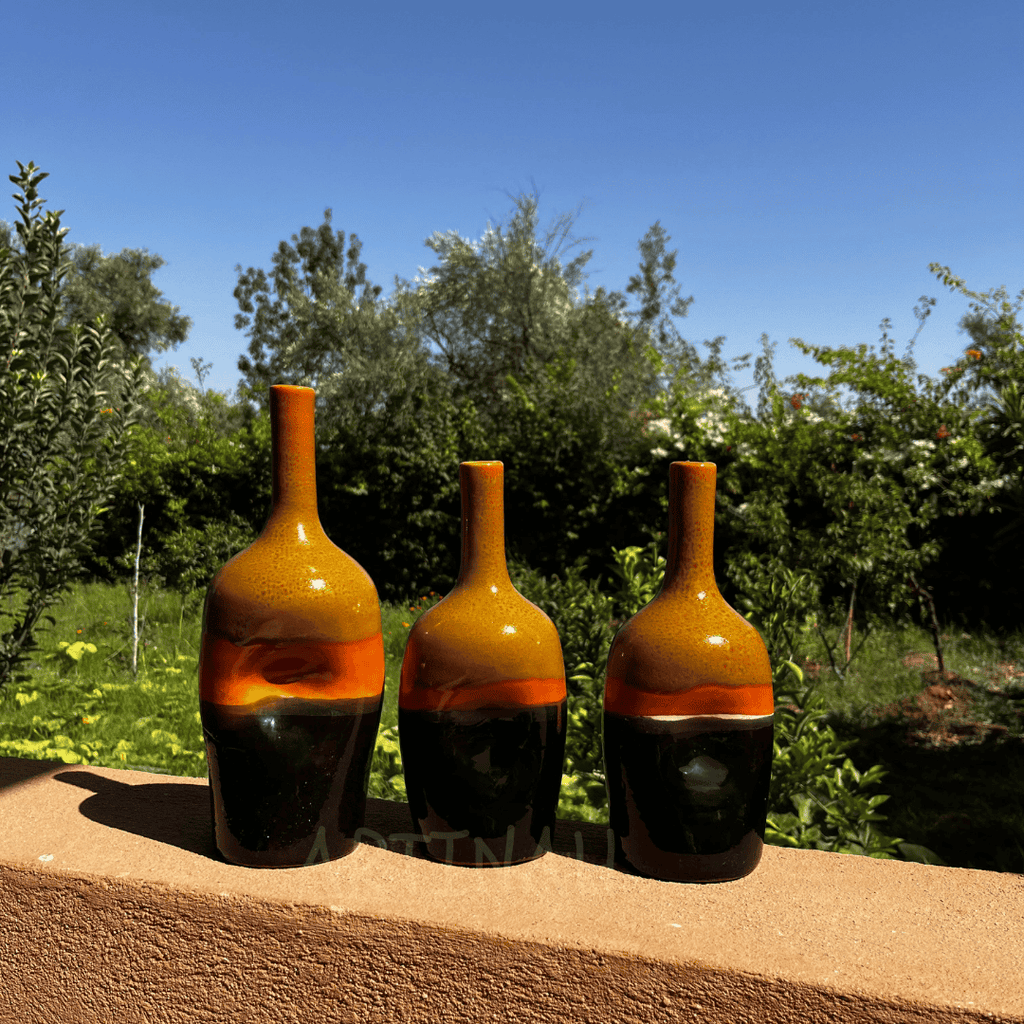 Set of 3 Decorative Ceramic Bottles – Brown, Orange & Black Handmade Moroccan Design