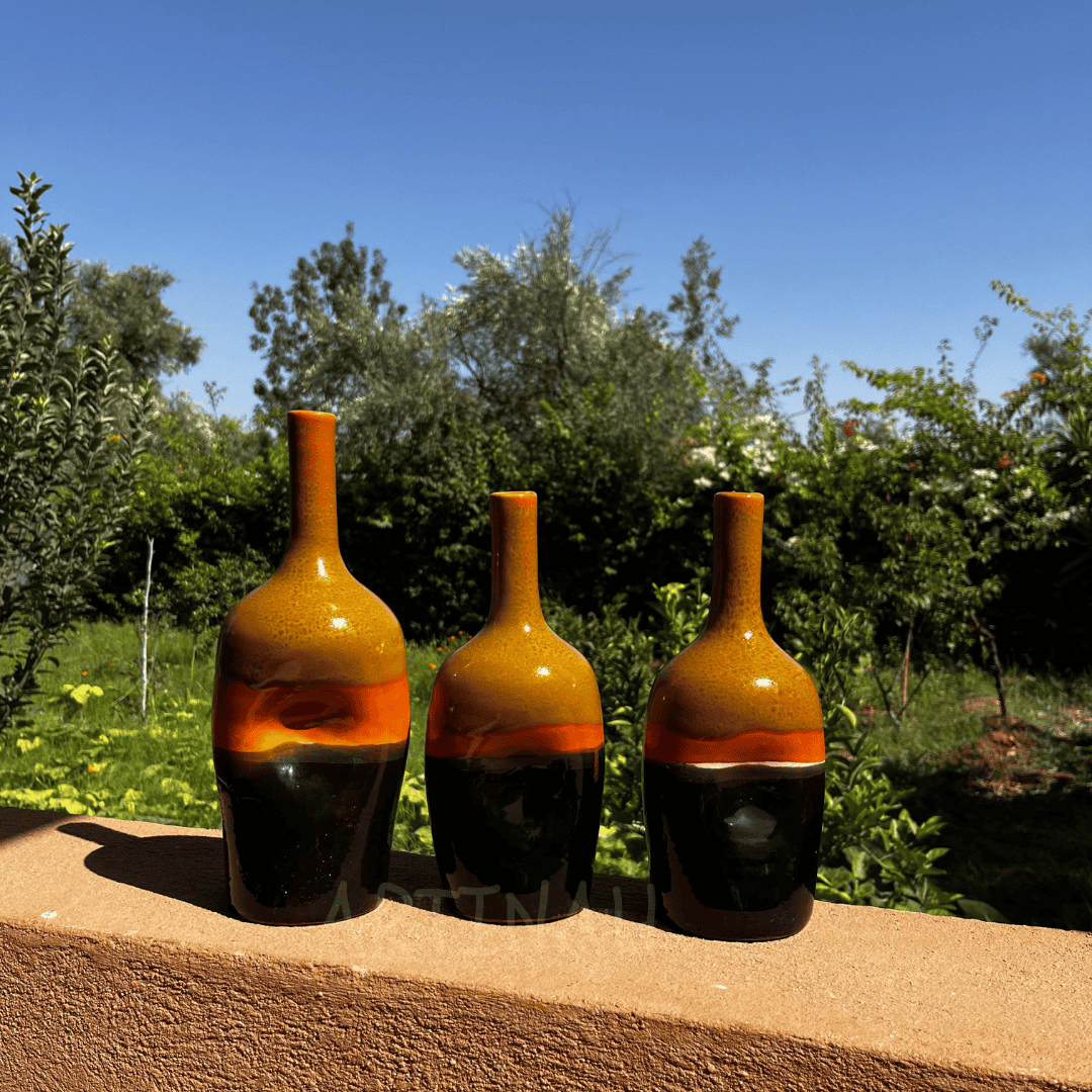 Set of 3 Decorative Ceramic Bottles – Brown, Orange & Black Handmade Moroccan Design