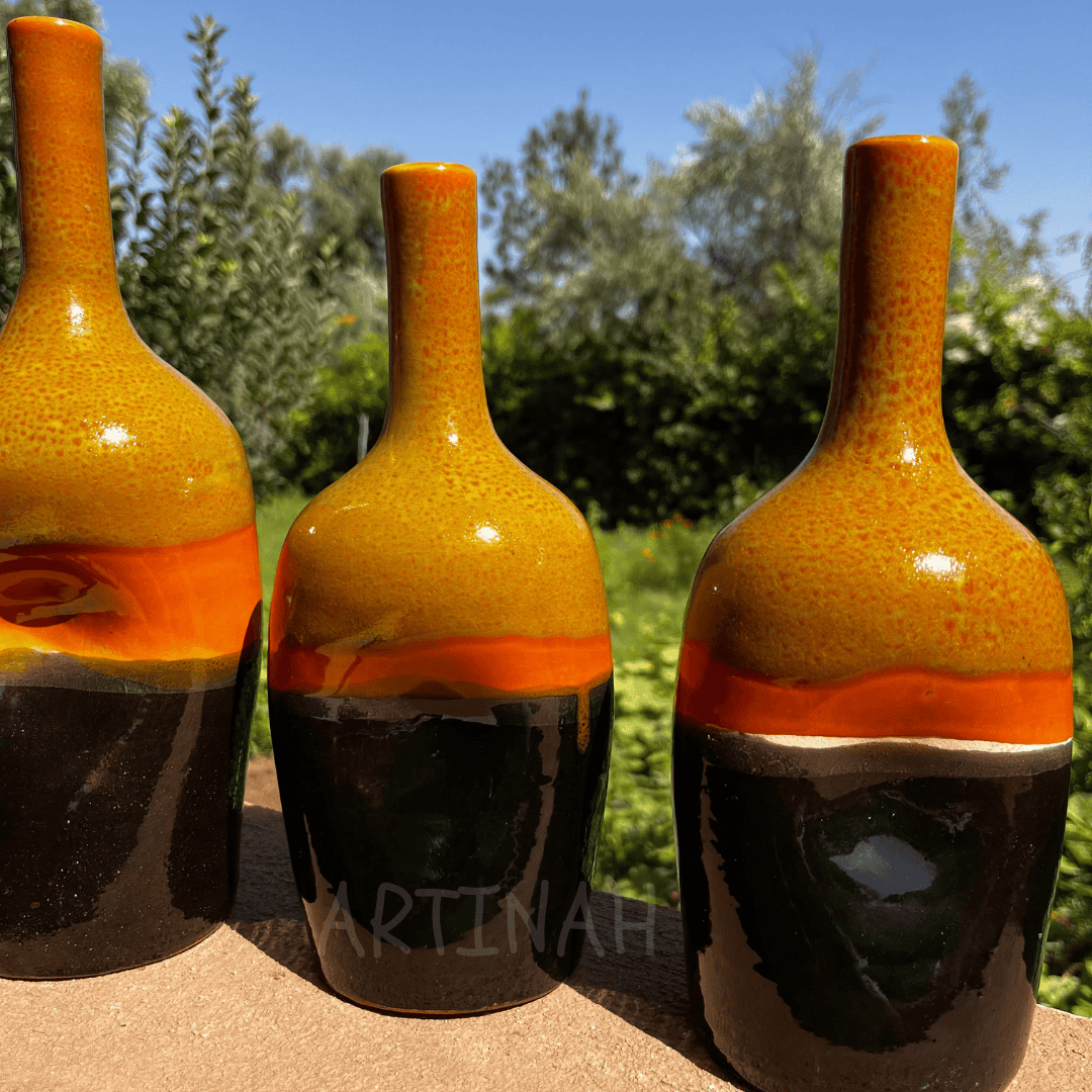 Set of 3 Decorative Ceramic Bottles – Brown, Orange & Black Handmade Moroccan Design
