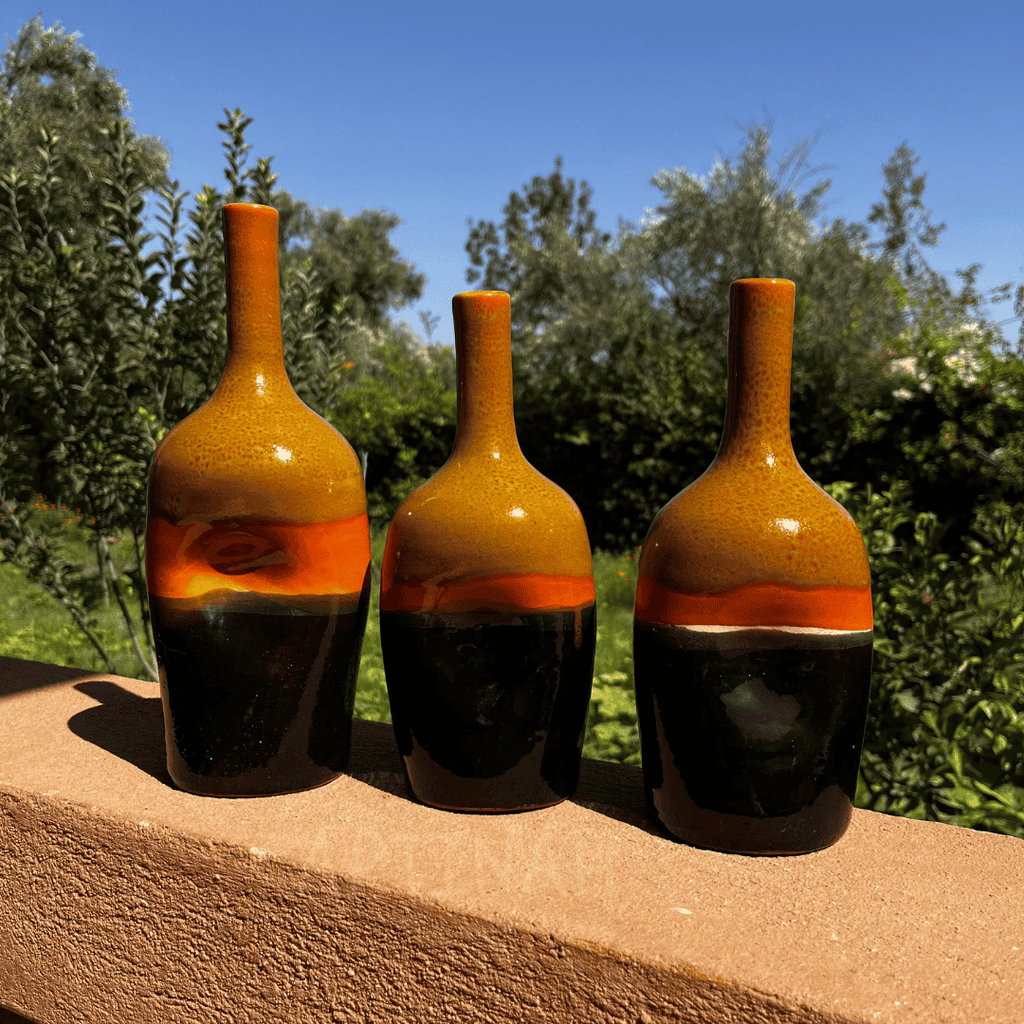 Set of 3 Decorative Ceramic Bottles – Brown, Orange & Black Handmade Moroccan Design