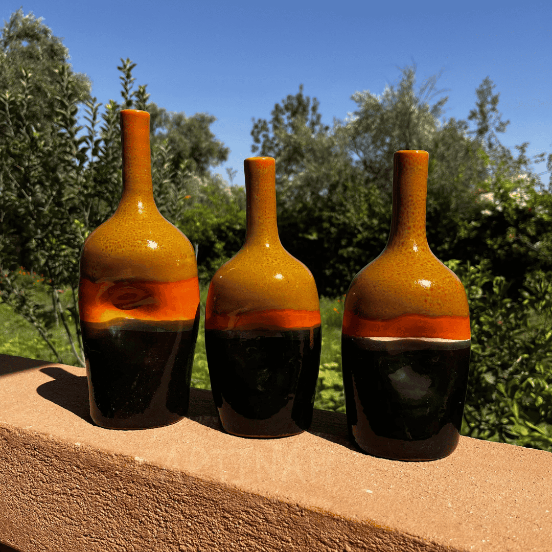 Set of 3 Decorative Ceramic Bottles – Brown, Orange & Black Handmade Moroccan Design