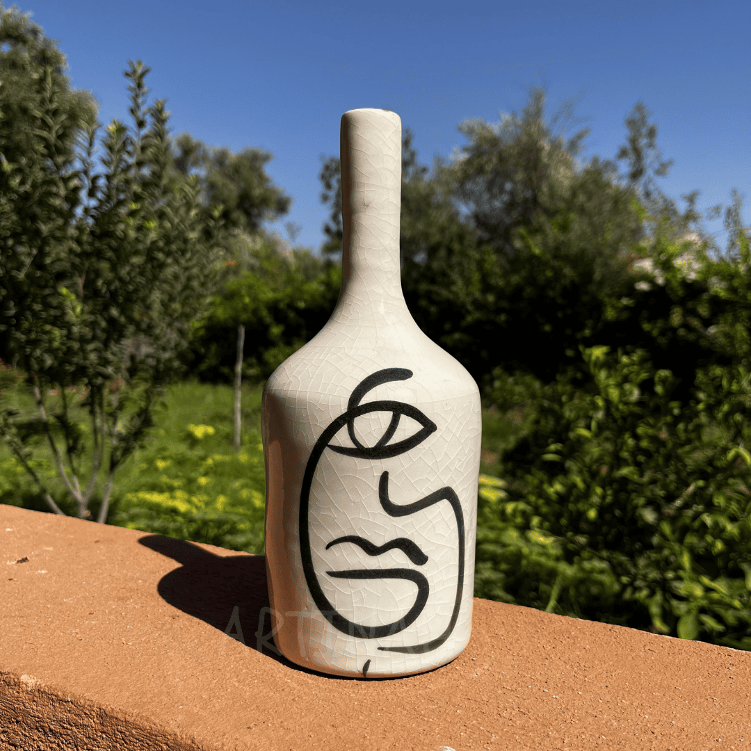Handcrafted Ceramic Decorative Bottle – Abstract Face Design for Modern Home Decor