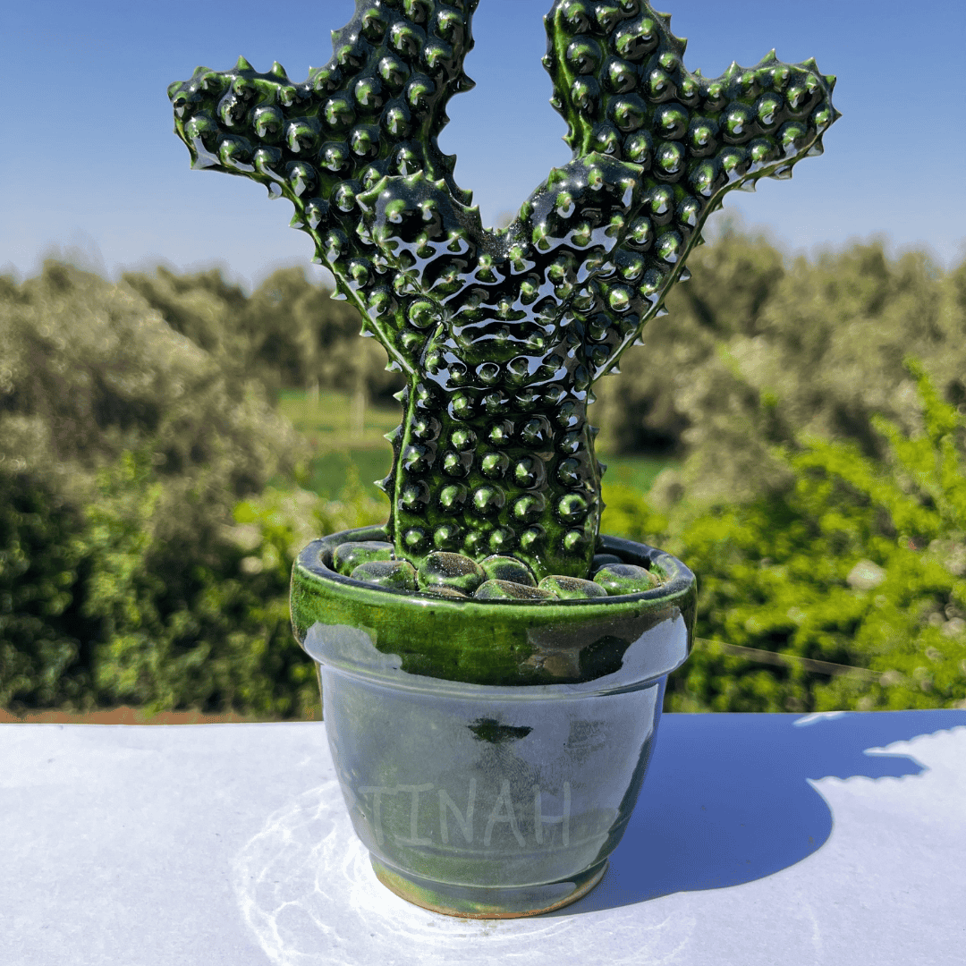 Handcrafted Green Ceramic Cactus Sculpture in Pot