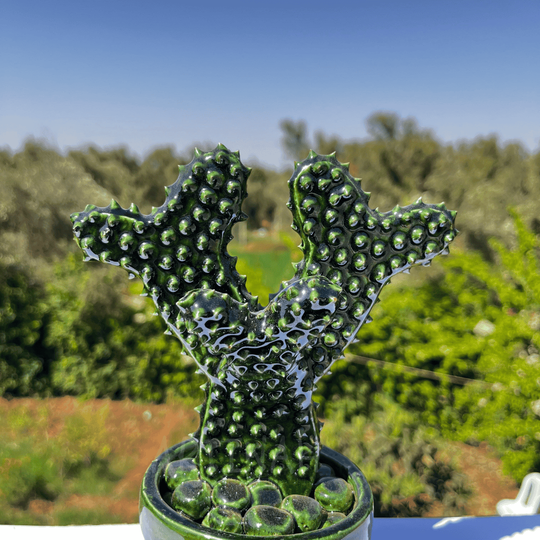 Handcrafted Green Ceramic Cactus Sculpture in Pot